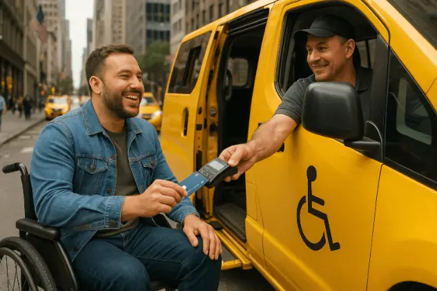 A passenger smiling while paying a fair price for a wheelchair van service in NYC