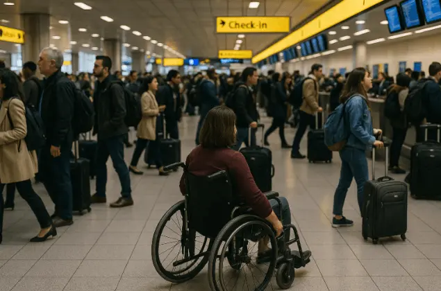 Wheelchair passenger facing challenges at NYC airport terminal.