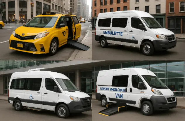 A collage of different wheelchair accessible vehicles: taxi, van, and ambulette in NYC
