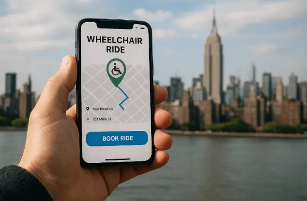 Person using smartphone app to book a wheelchair accessible ride in NYC
