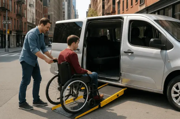 Handicap transportation in NYC with accessible van and driver assisting passenger