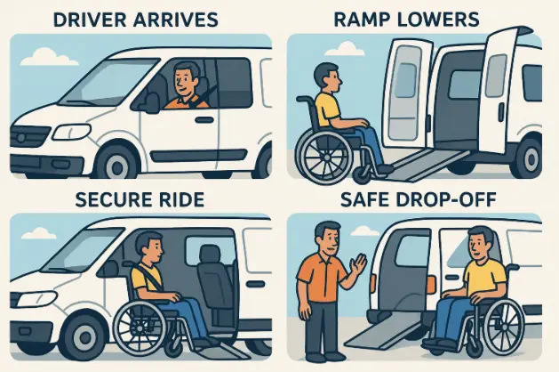 Step by step handicap transportation process in NYC with wheelchair boarding and safe drop-off.