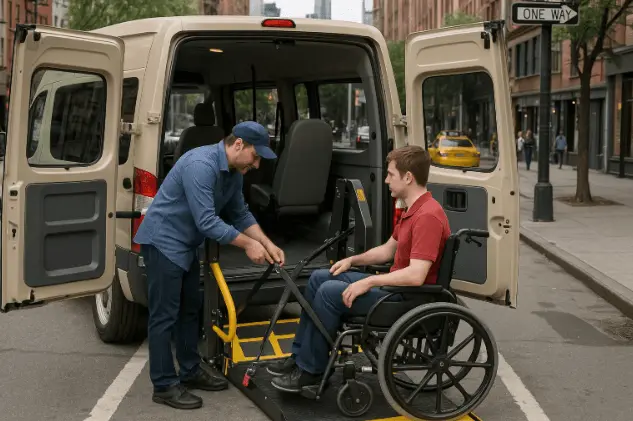 Driver assisting passenger with affordable wheelchair transportation van in NYC.
