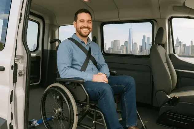 Passenger enjoying safe and affordable wheelchair accessible airport transportation in NYC.