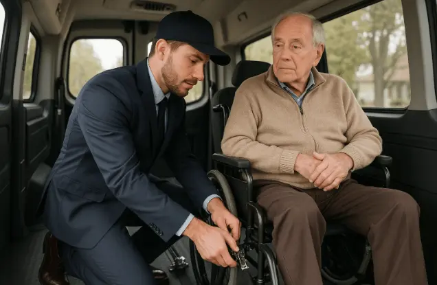 Trained driver securing wheelchair passenger in NYC van