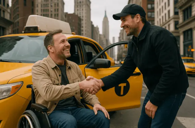 Smiling passenger giving positive feedback to wheelchair van driver in New York City