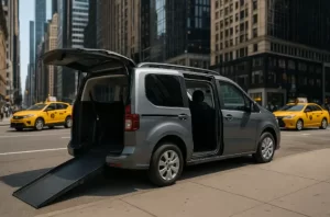 A wheelchair-accessible van with ramp open in New York City Street