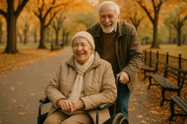 Smiling senior couple with transport wheelchair in Central Park