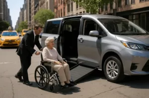 Transport wheelchair being loaded into NYC accessible vehicle