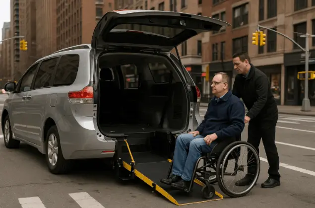 NYC wheelchair van with ramp deployment for transport chair