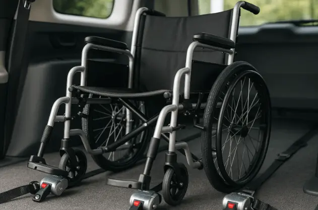 Properly secured transport wheelchair in NYC vehicle