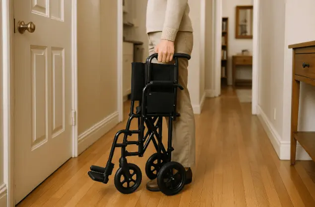 Compact foldable transport wheelchair in NYC apartment