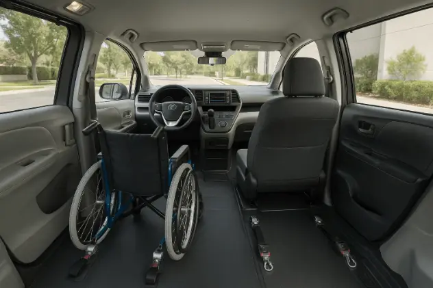 Spacious interior of a Toyota wheelchair accessible van with safety belts.