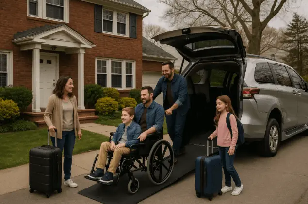 Family using affordable wheelchair accessible van rental in New York.