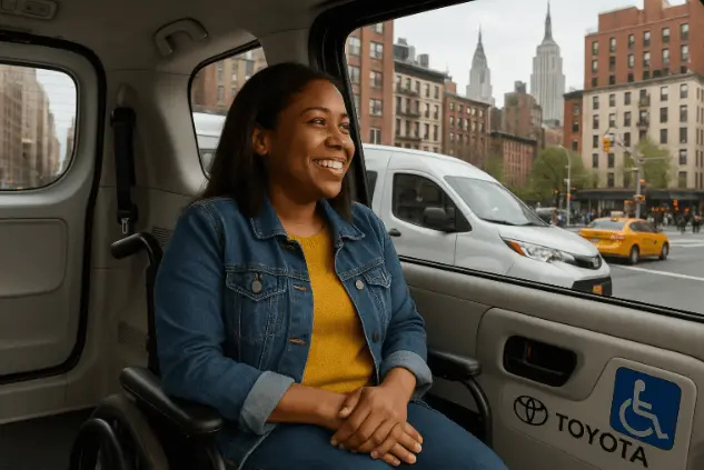 Happy wheelchair passenger traveling in a Toyota wheelchair van in NYC.