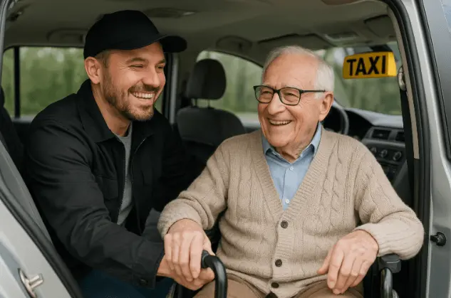 Driver assisting elderly passenger with wheelchair in spacious NYC taxi.