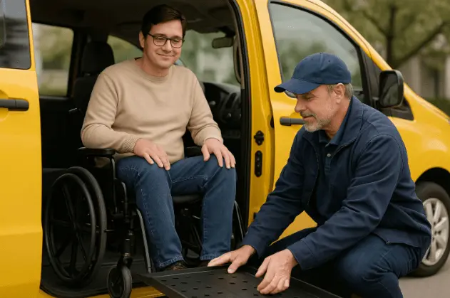 Passenger in a wheelchair entering a mobility cab with driver assistance in NYC..