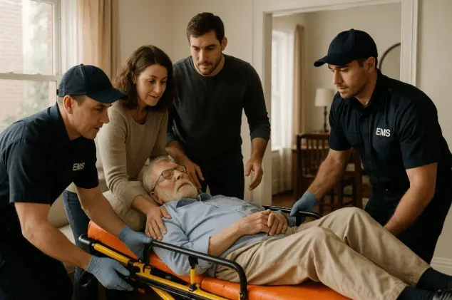 Family watching trained attendants assist patient onto stretcher in NYC home.