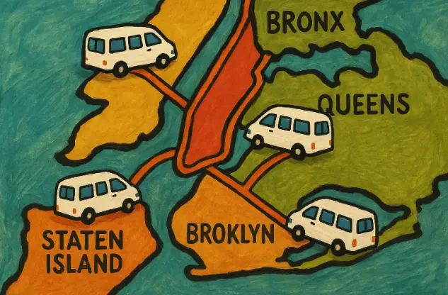 Map of NYC showing five boroughs connected through accessible transport routes.