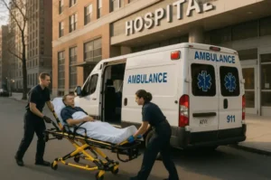 Professional stretcher transportation NYC team assisting a patient in New York City.