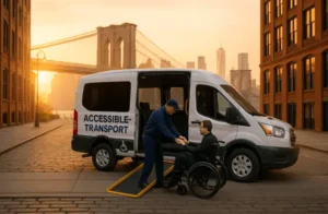 Disability transport services in NYC with driver assisting wheelchair passenger onto ramp.