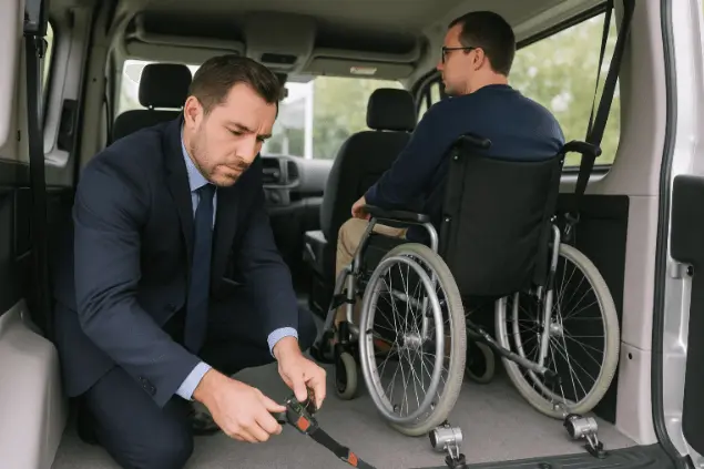 Professional driver securing wheelchair passenger inside accessible vehicle for safe ride.