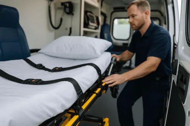 Professional NYC stretcher transportation staff preparing equipment and stretcher.