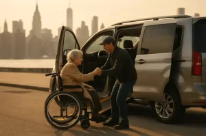 Trusted handicap transportation NYC helping senior passenger board safely