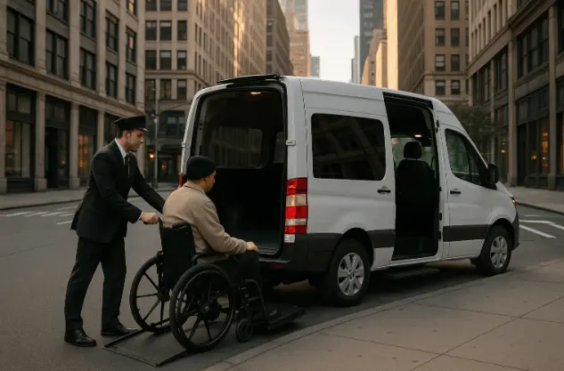 Wheelchair passenger boarding accessible van with driver support in NYC.