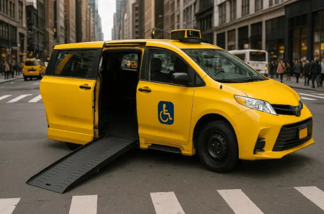 Yellow wheelchair cab with ramp in NYC offering accessible transport services.