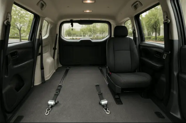 Interior of ADA compliant wheelchair airport transportation van in NYC with secure tie downs.
