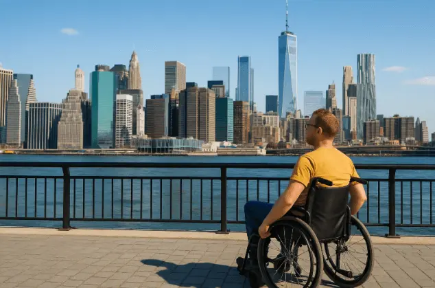 Wheelchair traveler enjoying safe accessible mobility in NYC.