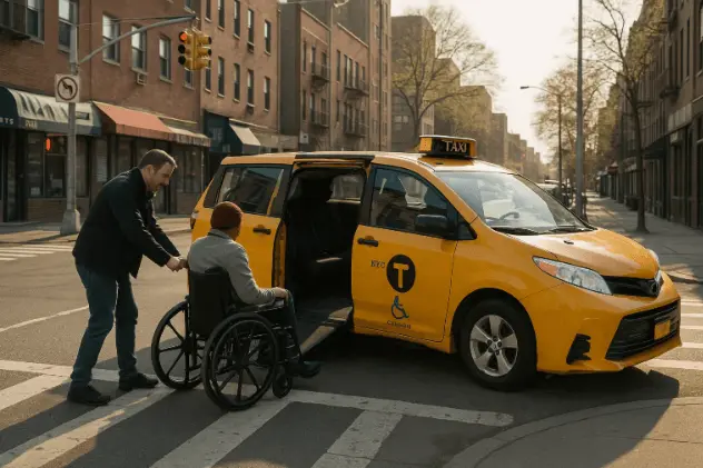 Driver assisting passenger into wheelchair cab service in Queens New York.