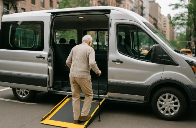 ADA compliant accessible van with ramp extended for elderly rider in New York. handicap transportation for seniors NYC.