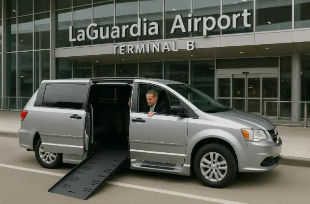 Handicap accessible transportation van near LaGuardia Airport terminal.