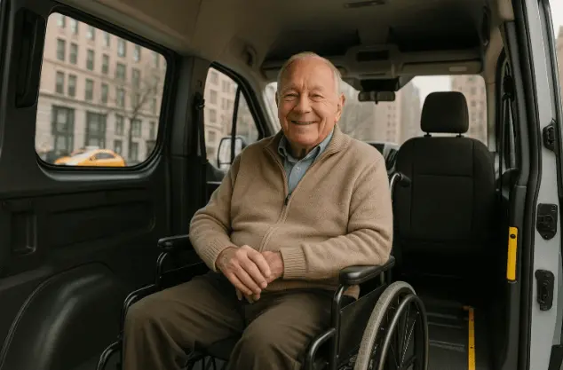 senior smiling inside wheelchair accessible van during safe ride in NYC.