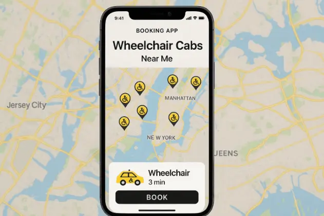 Person searching for wheelchair cabs near me using smartphone app in NYC.