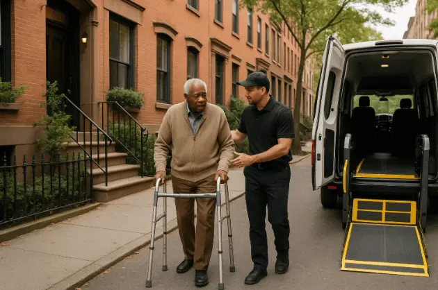 NYC driver helping senior from home to accessible van during daily ride.