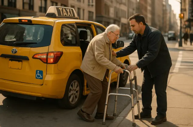 elderly passenger entering handicap friendly taxi with mobility aid in NYC.