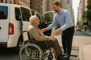 senior using wheelchair entering accessible van in NYC with trained driver helping.