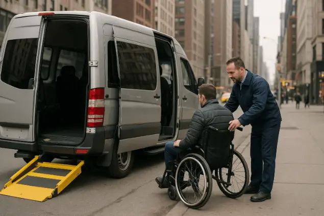 Wheelchair accessible transportation van with ramp in New York City.
