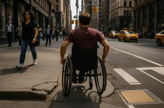 Wheelchair user navigating busy and uneven sidewalks in Manhattan. Wheelchair Travel Safety NYC.