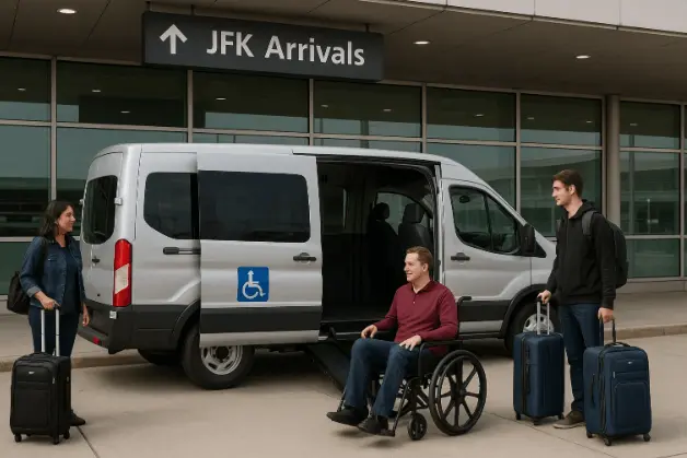 Wheelchair accessible taxi at JFK Airport providing on-demand ride service in New York.