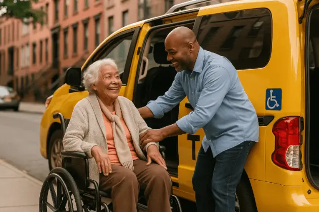 Elderly person entering accessible yellow taxi cab in Brooklyn NYC with driver assistance.