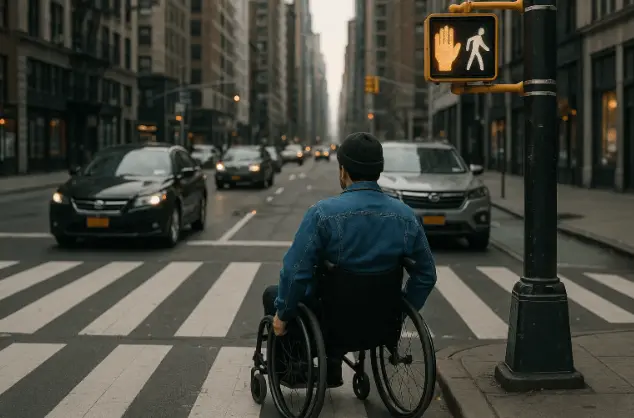 Wheelchair user waiting safely at NYC crosswalk.