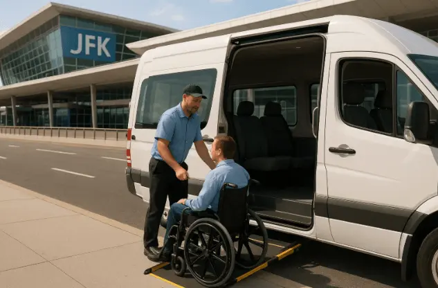 Passenger using wheelchair entering an accessible airport shuttle in NYC with driver assistance.
