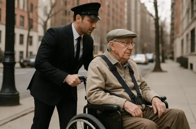 trained driver assisting elderly passenger with wheelchair for safe senior travel in NYC.