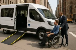 Accessible wheelchair airport transportation NYC van with ramp open for passenger boarding