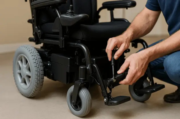 Checking wheelchair equipment for safety before traveling in NYC.
