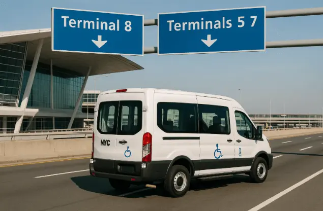 Wheelchair accessible taxi traveling to JFK Airport in New York City.